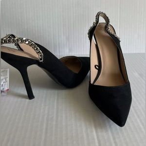ZARA Beige Chain Link Pointed Toe Sling Back Heels Faux Suede